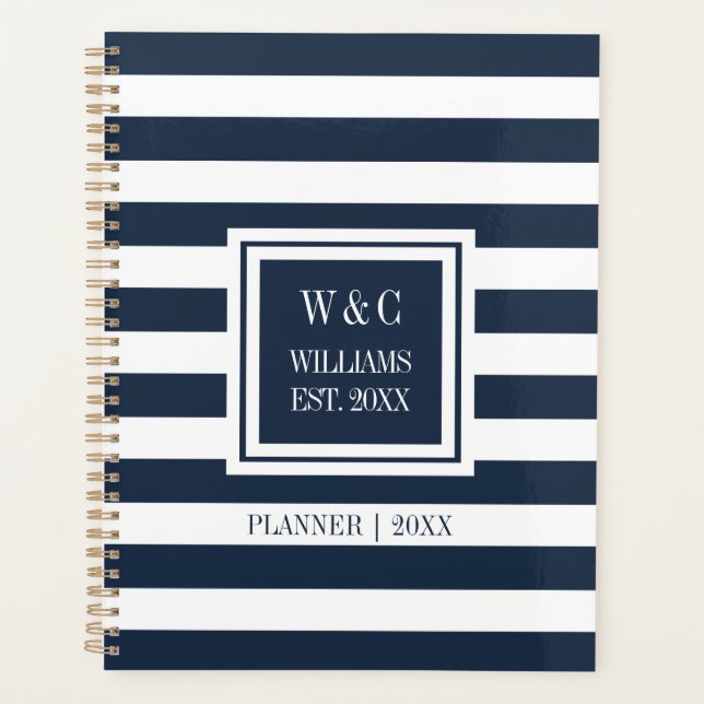 Navy Blue Stripe Family Name Monogram 2023 Planner (Front)