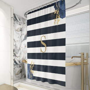 Navy Blue Stripe Floral Gold Monogram  Shower Curtain