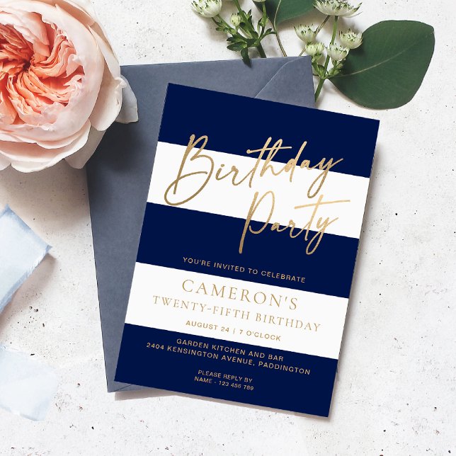 Navy Blue Stripe Gold Birthday Invitation (Navy Blue Stripe Birthday Invitation )