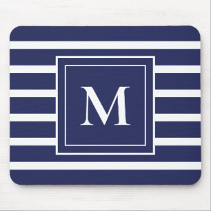 Navy Blue Stripe Modern Monogram Coastal Beach Mouse Pad