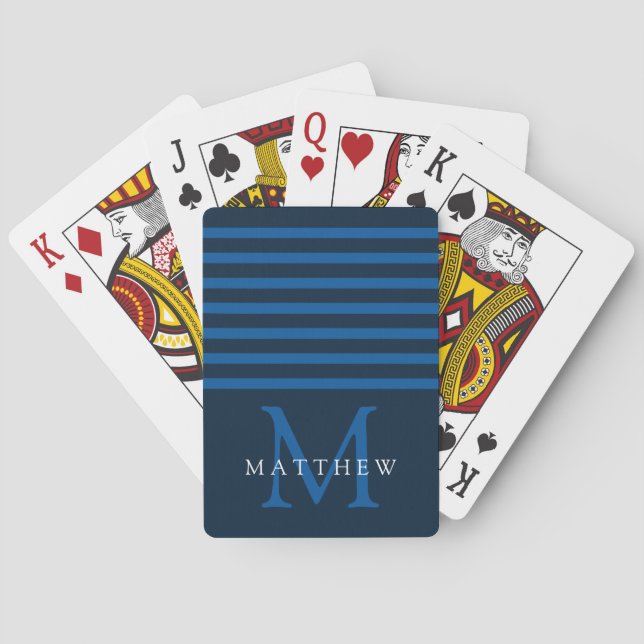 Navy Blue Stripe Monogram Masculine Playing Cards (Back)