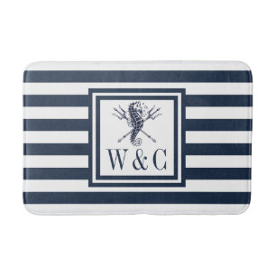 Navy Blue Stripe Monogram Nautical Seahorse Bath M Mat