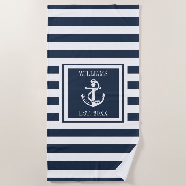 Navy Blue Stripe Nautical Anchor Family Boat Name Beach Towel (Front)