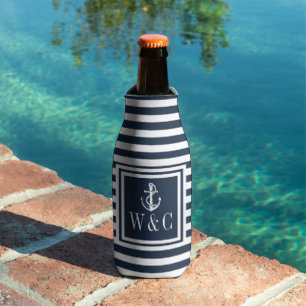 Navy Blue Stripe Nautical Anchor Monogram Bottle Cooler