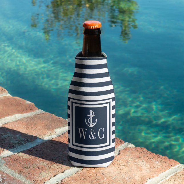 Navy Blue Stripe Nautical Anchor Monogram Bottle Cooler (In Situ Pool)