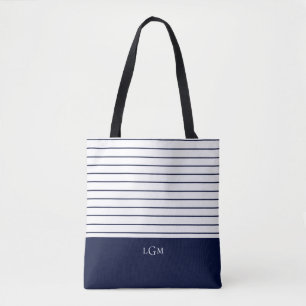 Navy Blue Stripe Pattern Monogram Tote Bag