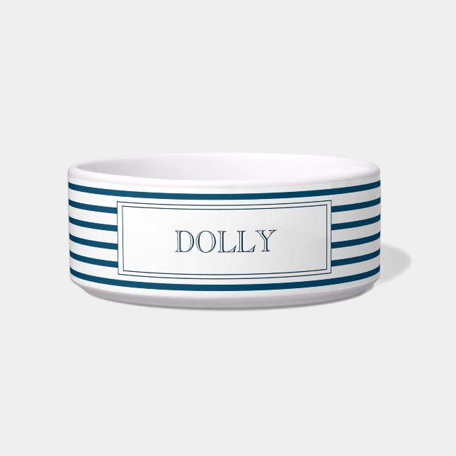 Navy Blue Stripe | Personalised Pet Bowl (Front)