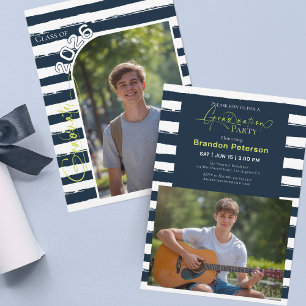 Navy Blue Stripe Two Photo Graduation Announcement