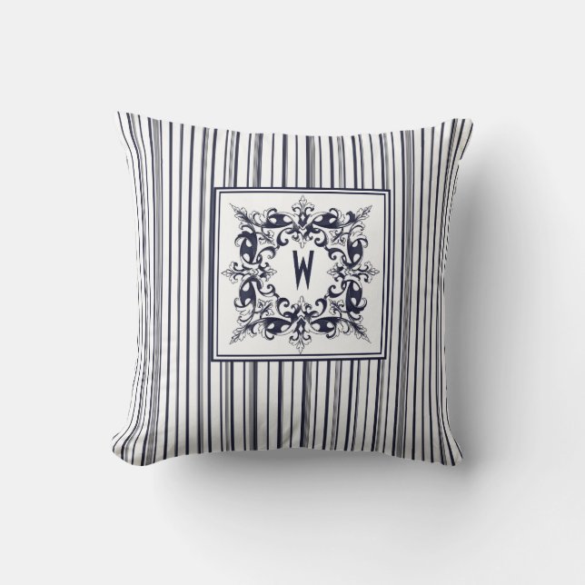 Navy Blue Stripe Vintage Label and Monogram Cushion (Front)