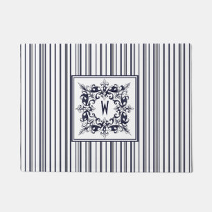 Navy Blue Stripe Vintage Label and Monogram Doormat