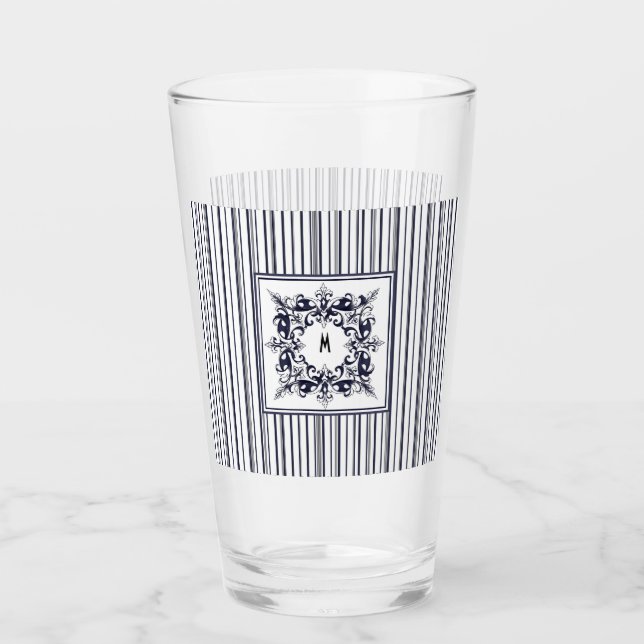 Navy Blue Stripe Vintage Label and Monogram Glass (Front)