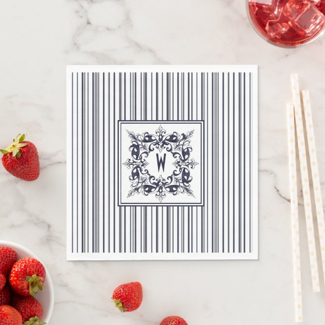 Navy Blue Stripe Vintage Label and Monogram Napkin (Insitu)