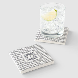 Navy Blue Stripe Vintage Label and Monogram Stone Coaster