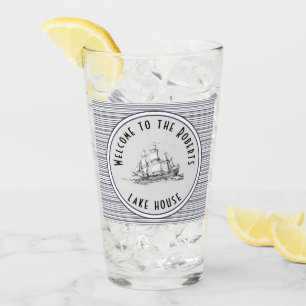 Navy Blue Stripe Vintage Label and Name Glass