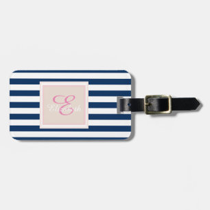 Navy Blue Striped Monogram-Personalised Luggage Tag
