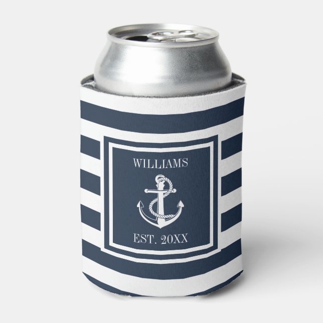 Navy Blue Striped Nautical Anchor Boat Family Name Can Cooler (Can Front)