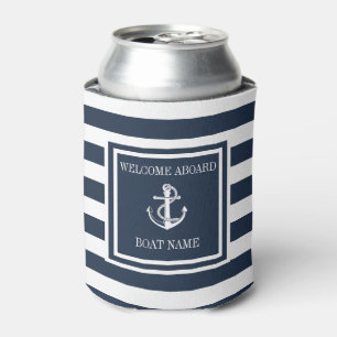 Navy Blue Striped Nautical Anchor Boat Name Can Cooler