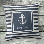 Navy Blue Striped Nautical Anchor Boat Name Cushion<br><div class="desc">A nautical design featuring an anchor,  stylish navy blue and white stripes and personalised with your boat name. Designed by Thisisnotme©</div>