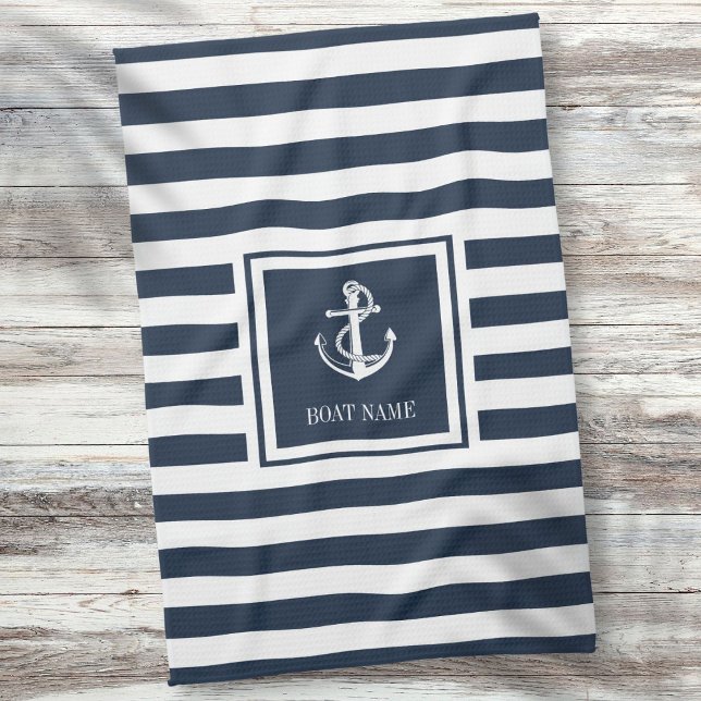 Navy Blue Striped Nautical Anchor Boat Name Tea Towel (Navy Blue Striped Nautical Anchor Boat Name Kitchen Towel)