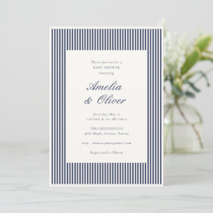 Navy Blue Striped Preppy Couples Baby Shower Invitation