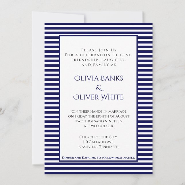Navy Blue Striped - Wedding Invitation (Front)