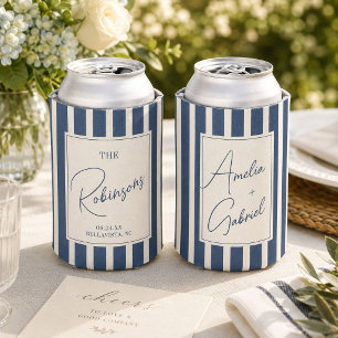 Navy Blue Striped Wedding Personalised Couple Name Can Cooler