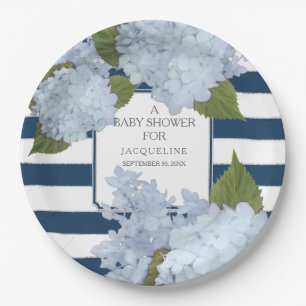 Navy Blue Striped White Hydrangea Floral Baby Paper Plate