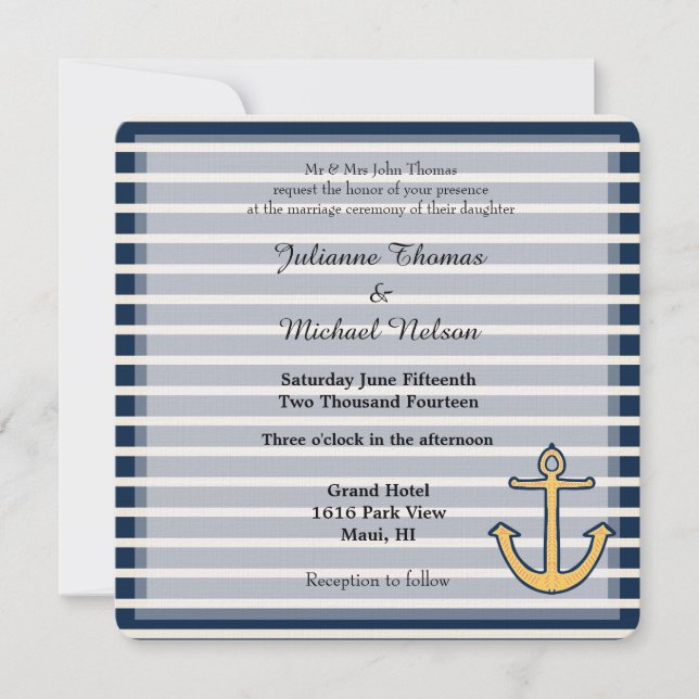 Navy Blue Stripes Anchor Wedding Invitation (Front)