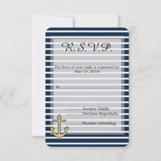 Navy Blue Stripes Anchor  Wedding RSVP Card (Front)