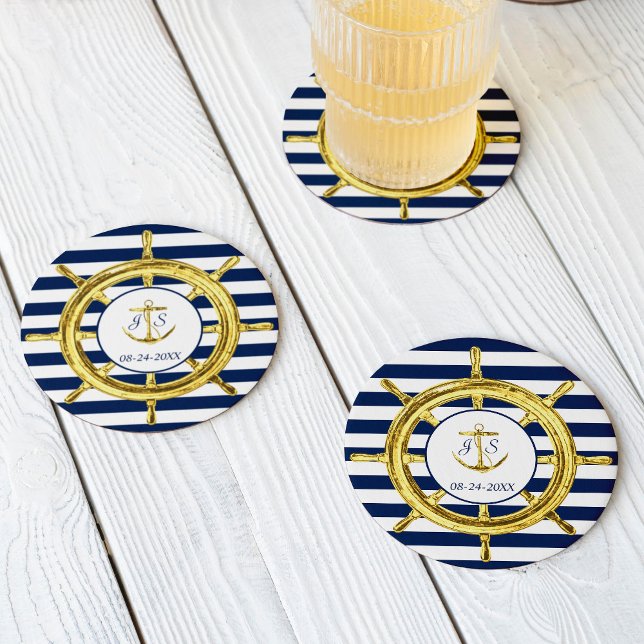 Navy Blue Stripes and Gold Nautical Wedding Round Paper Coaster (Creator Uploaded)