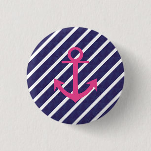 Navy Blue Stripes And Hot Pink Anchor Design 3 Cm Round Badge