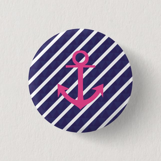 Navy Blue Stripes And Hot Pink Anchor Design 3 Cm Round Badge (Front)