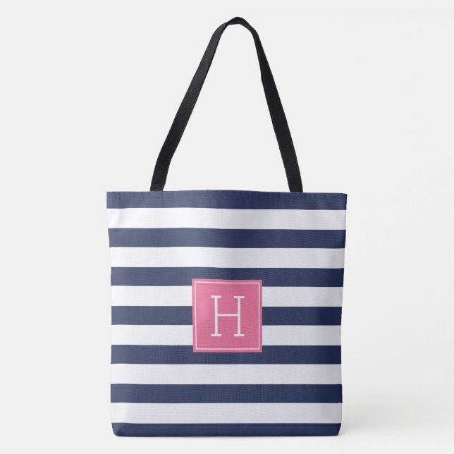 Navy Blue Stripes and Pink Monogram Tote Bag (Front)