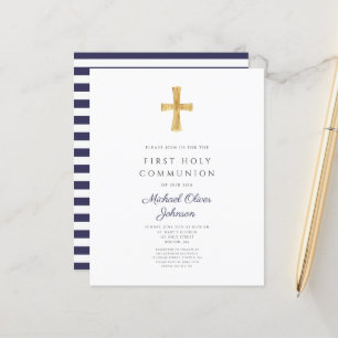 Navy Blue Stripes Boy First Communion Invitation