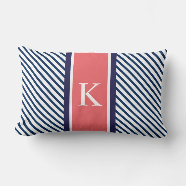 Navy Blue Stripes & Coral Monogram Lumbar Cushion (Front)