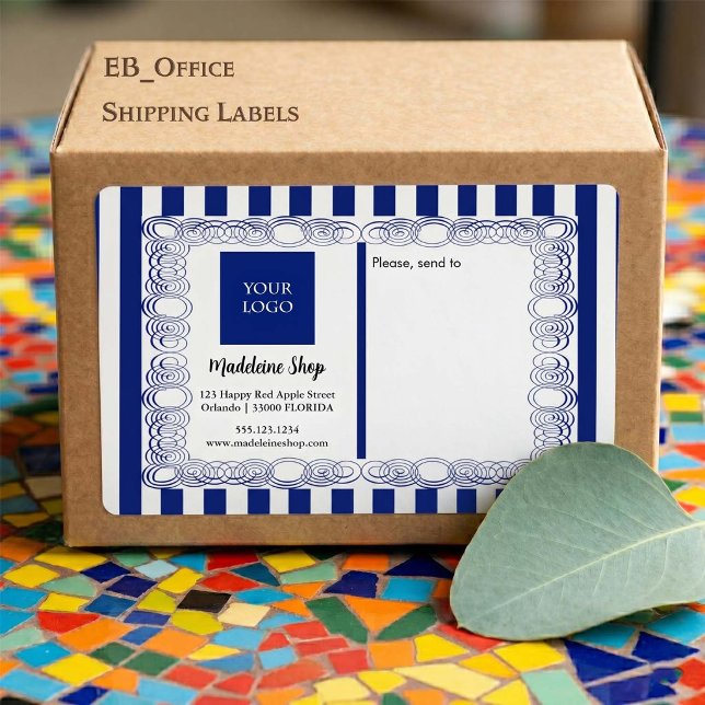 Navy Blue Stripes & Curly Frame & Logo (Chic Navy Blue & White Stripes & Logo.
Size: 3.75” L x 2” W - Eight labels per sheet
)