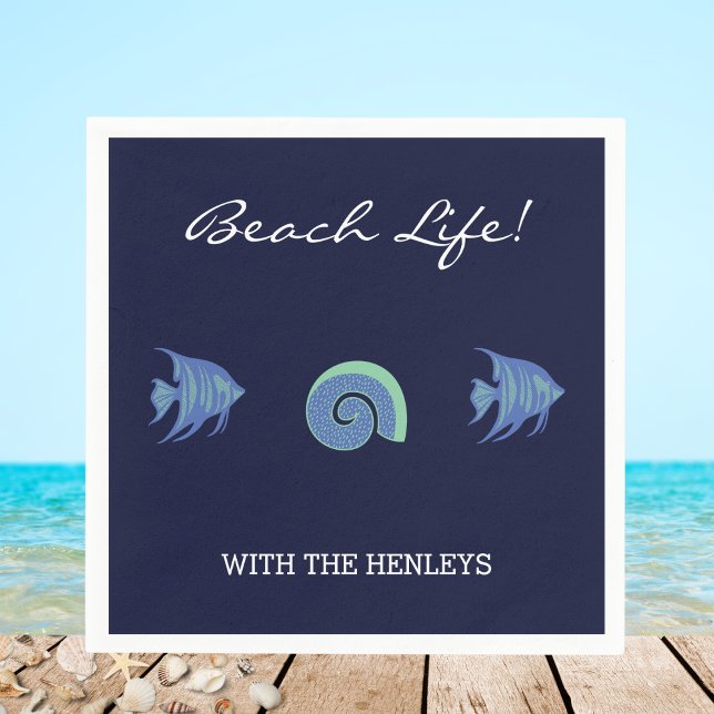 Navy Blue Stripes Family Name Fish Beach House Napkin (Creator Uploaded)