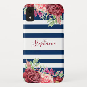 Navy Blue Stripes Floral Monogram Case-Mate iPhone Case