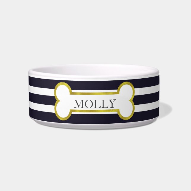 Navy Blue Stripes & Gold Bone Personalised Bowl (Front)