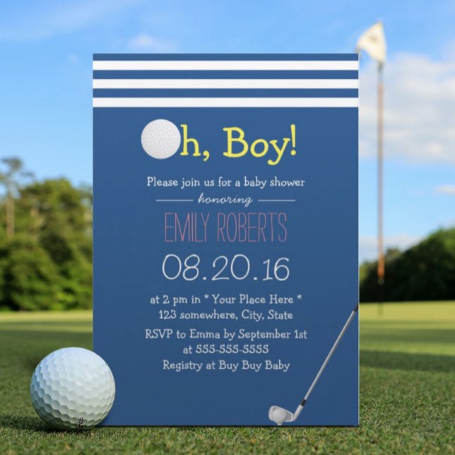 Navy Blue Stripes Golf Boy Baby Shower Invitation (Creator Uploaded)