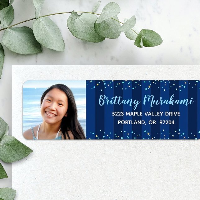 Navy blue stripes graduation photo modern address (Creator Uploaded)