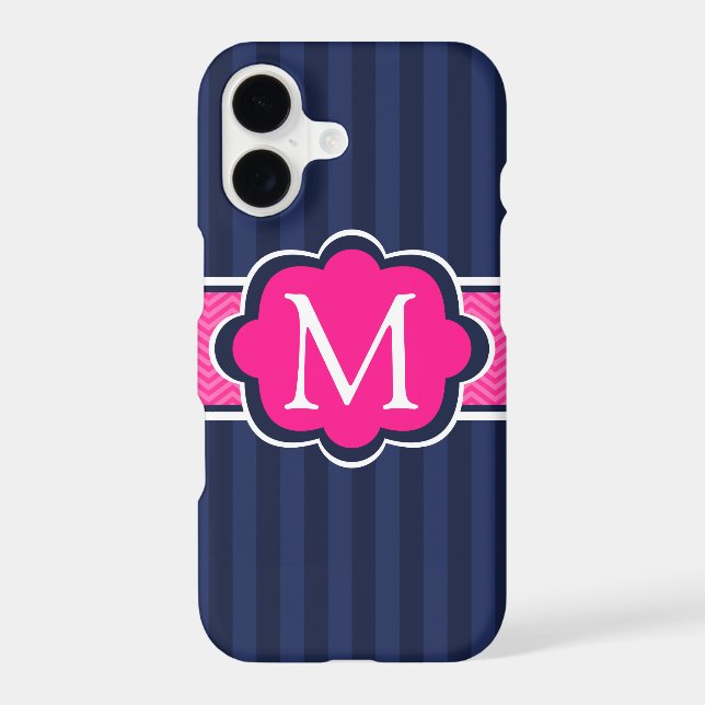 Navy Blue Stripes Hot Pink Custom Monogram (Back)