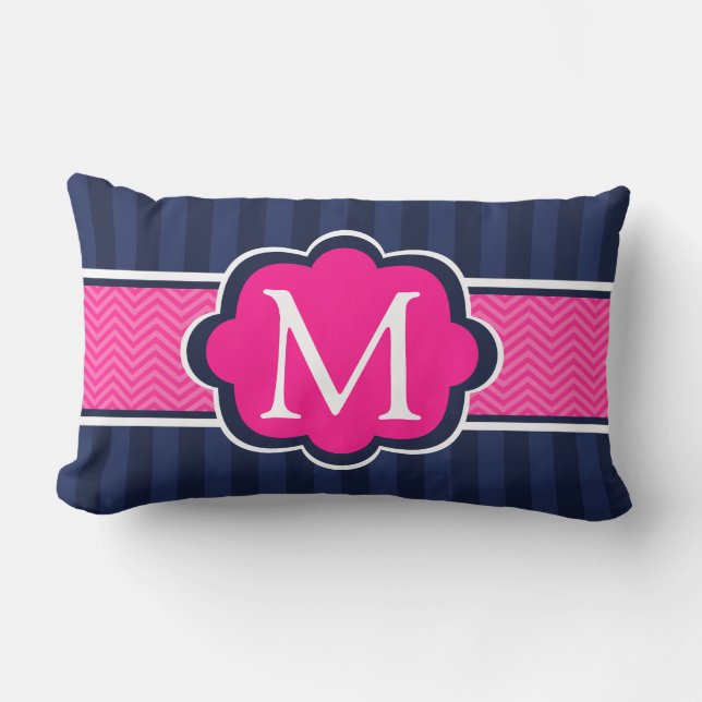 Navy Blue Stripes Hot Pink  Custom Monogram Lumbar Cushion (Front)