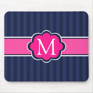 Navy Blue Stripes Hot Pink Custom Monogram Mouse Pad