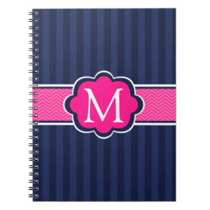 Navy Blue Stripes Hot Pink Custom Monogram Notebook