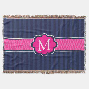 Navy Blue Stripes Hot Pink Custom Monogram Throw Blanket