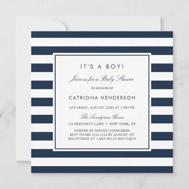 Navy Blue Stripes It's a Boy Baby Shower Invitation (Front)