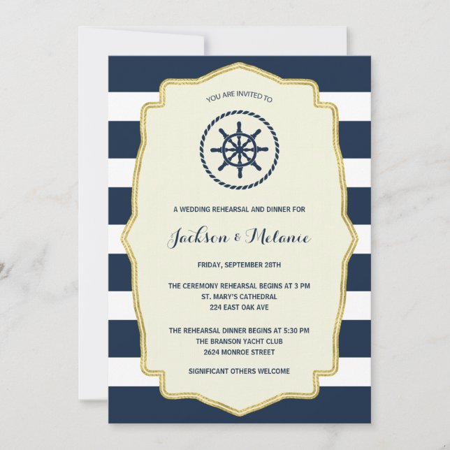 Navy Blue Stripes | Nautical Rehearsal Dinner Invitation (Front)