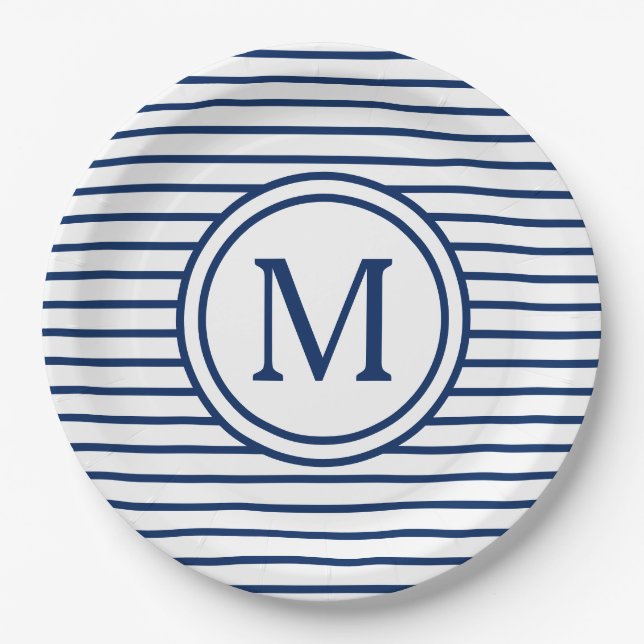 Navy Blue Stripes on White Monogram Paper Plate (Front)