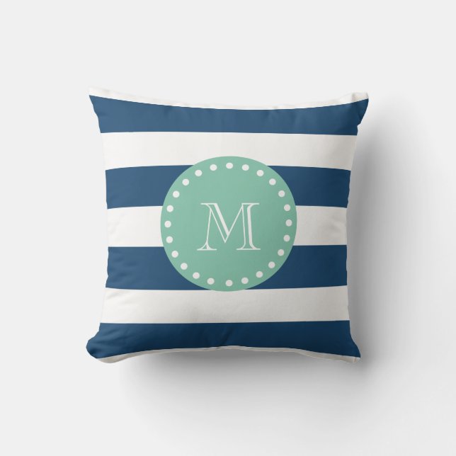 Navy Blue Stripes Pattern, Mint Green Monogram Cushion (Front)